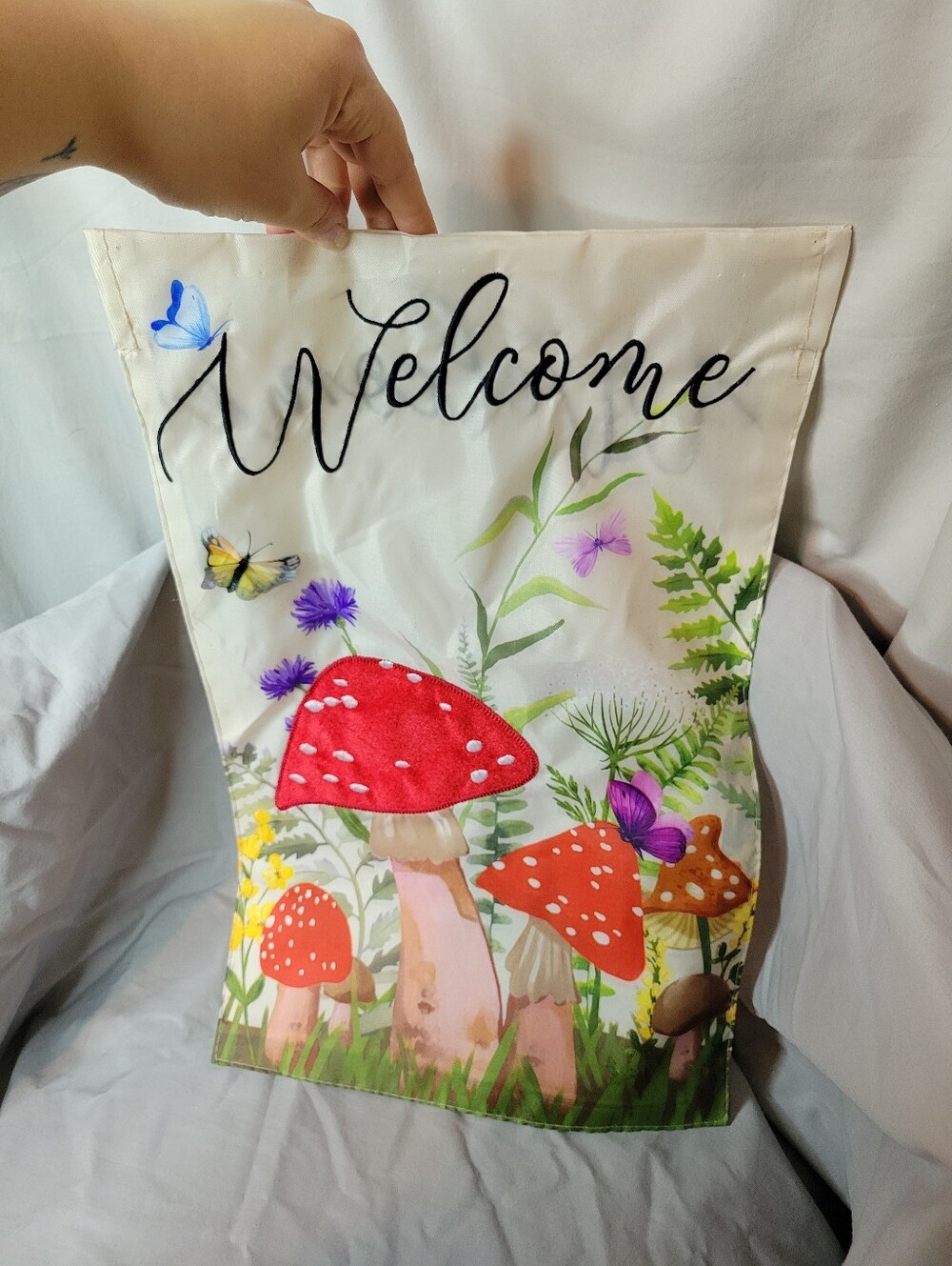 Fairy Mushroom Leafy "Welcome" Outdoor Small Flag